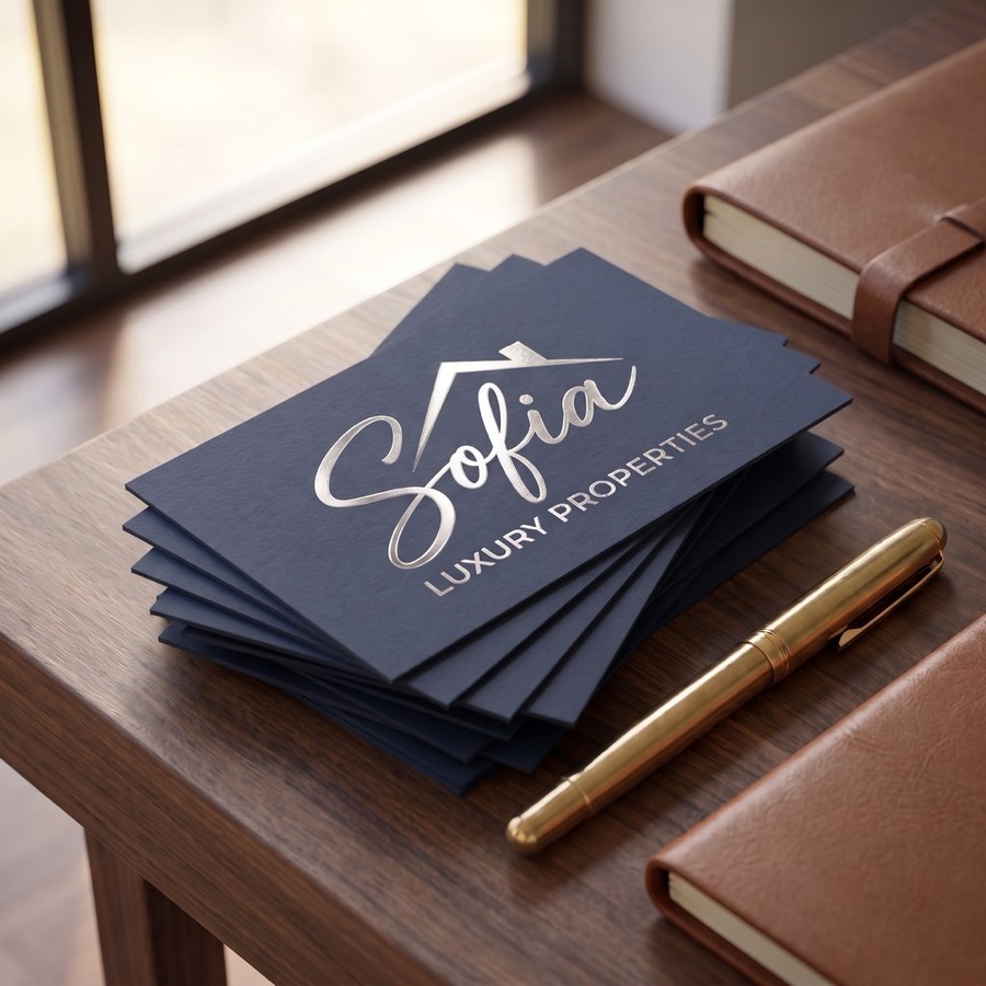 Stack of business cards with a foil logo
