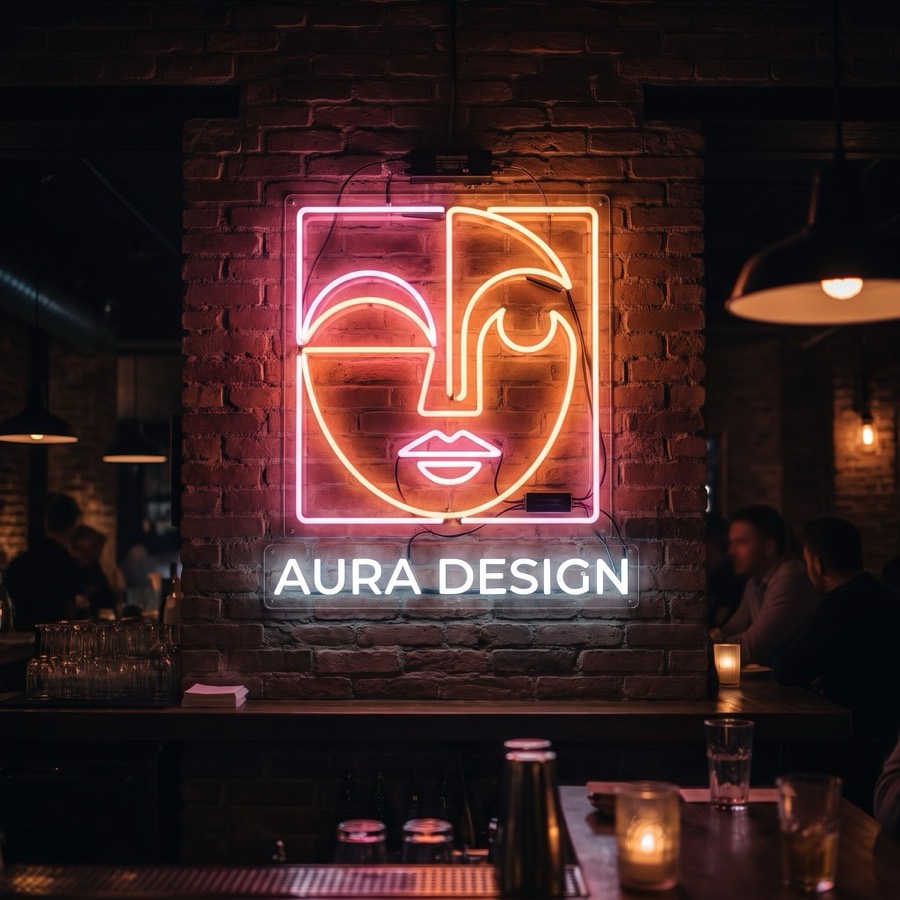 Neon logo sign on a brick wall