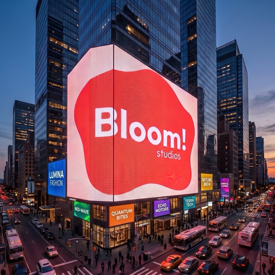 Giant LED billboard showing a logo above a city street