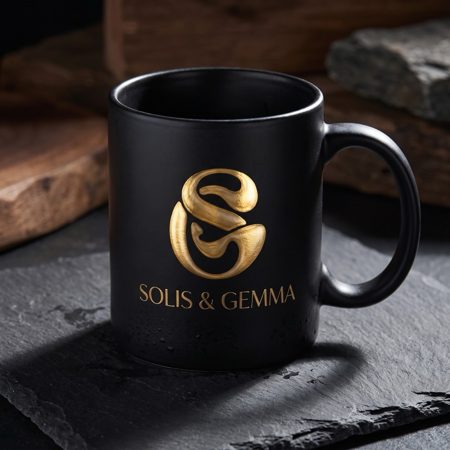 Matte black mug with a gold logo