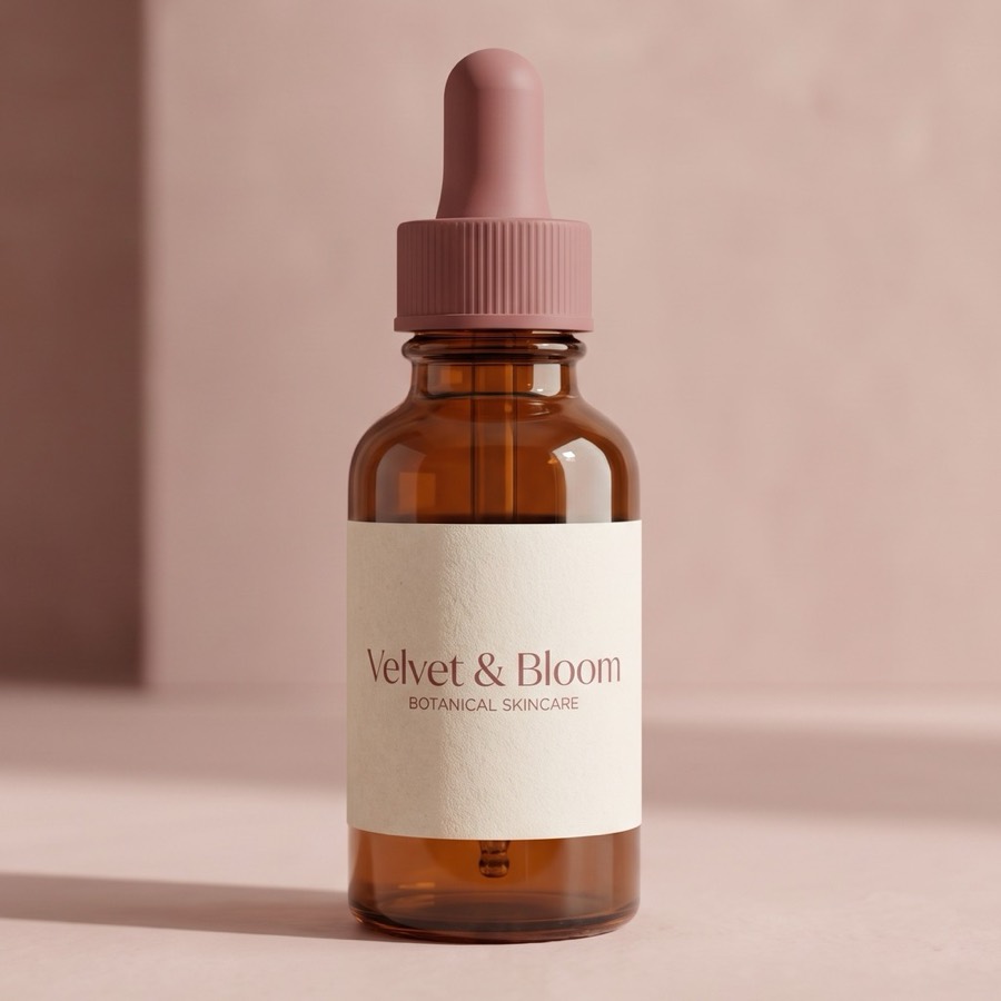 Amber serum bottle with a small label